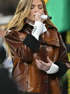 Close view of Luisa Sonza NFL Packers vs Eagles Performance 2026 Brown Leather Jacket