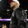 Close view of MLB Chicago White Sox Cole Swindell Rate Field 2026 Black Satin Varsity Jacket