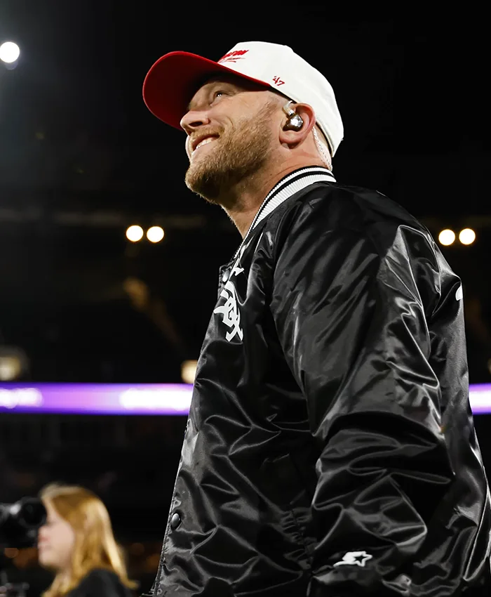 Close view of MLB Chicago White Sox Cole Swindell Rate Field 2026 Black Satin Varsity Jacket