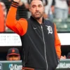 Close view of MLB Detroit Tigers Justin Verlander Career Celebration Navy And Orange Fleece Bomber Jacket