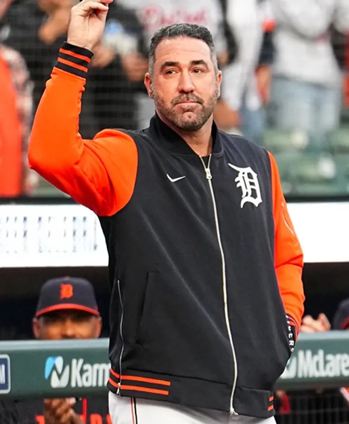 Close view of MLB Detroit Tigers Justin Verlander Career Celebration Navy And Orange Fleece Bomber Jacket