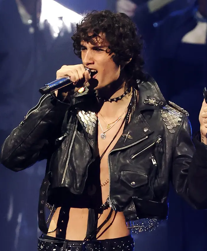 Close view of MTV Video Music Awards 2026 Los Angeles George Michael Black Biker Leather Jacket
