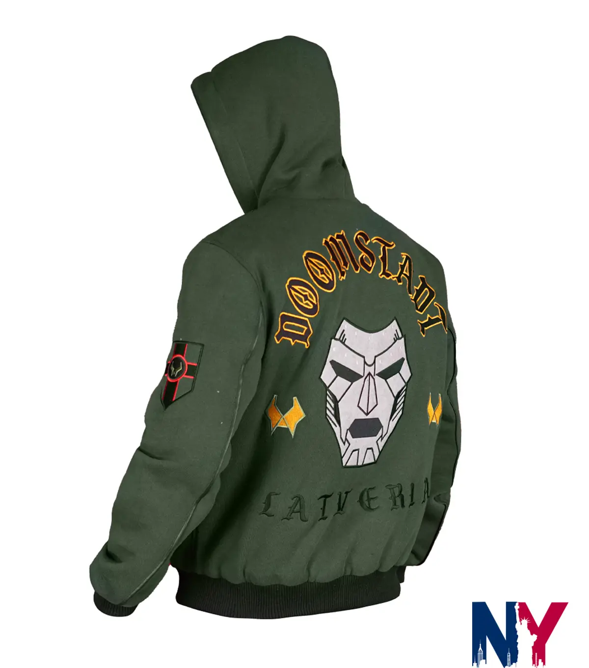 Close view of Marvel Doctor Doom Army Green Hooded Doomstadt Latveria Jacket
