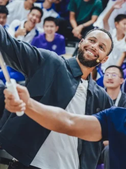 Close view of NBA Golden State Warriors Stephen Curry 2026 China Tour Beijing Grey Cotton Jacket