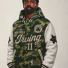 Close view of NBA Kyrie Irving x BAPE Boston Celtics Camo And White Fleece Hooded Varsity Jacket