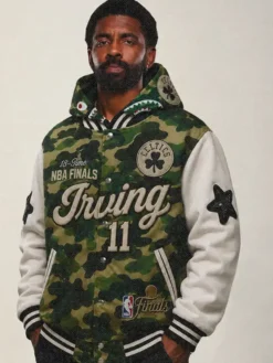 Close view of NBA Kyrie Irving x BAPE Boston Celtics Camo And White Fleece Hooded Varsity Jacket
