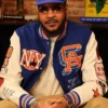 Close view of NBA Legend Carmelo Anthony New York City 2026 Blue And White Varsity Jacket