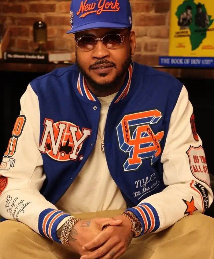 Close view of NBA Legend Carmelo Anthony New York City 2026 Blue And White Varsity Jacket