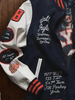 Close view of NBA Legend Dwyane Wade Roots of Fight Walter Payton Sweetness Legacy Navy Varsity Jacket