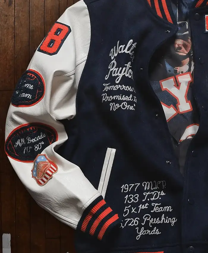 Close view of NBA Legend Dwyane Wade Roots of Fight Walter Payton Sweetness Legacy Navy Varsity Jacket