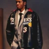Close view of NBA Philadelphia 76ers The King and The Answer Custom Sixers Black Leather Jacket