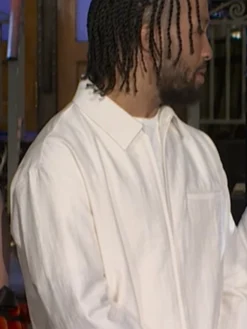 Close view of NBC Saturday Night Live Season 52 Premiere Jalen Brunson White Cotton Workwear Jacket