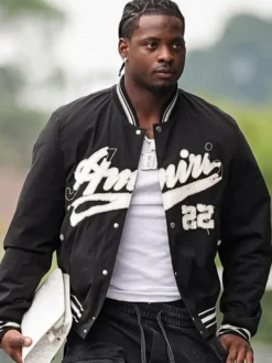 Close view of NFL Atlanta Falcons Bijan Robinson Amiri Distressed-Logo Shrunken Black Cotton Bomber Jacket