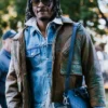 Close view of NFL Cleveland Browns Grant Delpit Arrival Distressed Brown Leather Bomber Jacket
