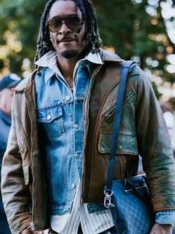 Close view of NFL Cleveland Browns Grant Delpit Arrival Distressed Brown Leather Bomber Jacket