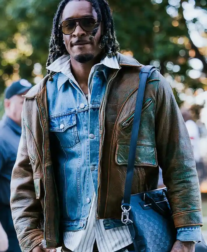 Close view of NFL Cleveland Browns Grant Delpit Arrival Distressed Brown Leather Bomber Jacket