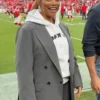 Close view of NFL Kansas City Chiefs Game GEHA Field Queen Latifah Grey Cotton Trench Coat