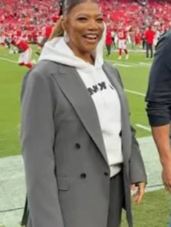 Close view of NFL Kansas City Chiefs Game GEHA Field Queen Latifah Grey Cotton Trench Coat