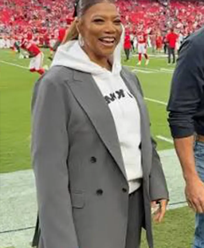 Close view of NFL Kansas City Chiefs Game GEHA Field Queen Latifah Grey Cotton Trench Coat