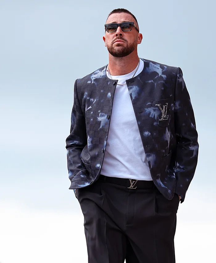 Close view of NFL Kansas City Chiefs Travis Kelce Arrowhead Stadium Louis Vuitton Embellished Collarless Tie-Dye Jacket