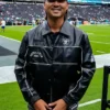 Close view of NFL Las Vegas Raiders Minwoo Lee Black Leather Varsity Racing Jacket