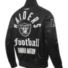 Close view of NFL Las Vegas Raiders Original Pro Standard Black And White Satin Varsity Jacket