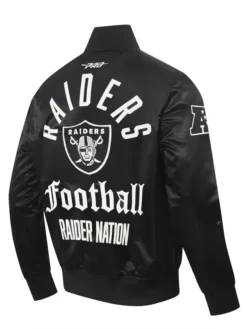 Close view of NFL Las Vegas Raiders Original Pro Standard Black And White Satin Varsity Jacket