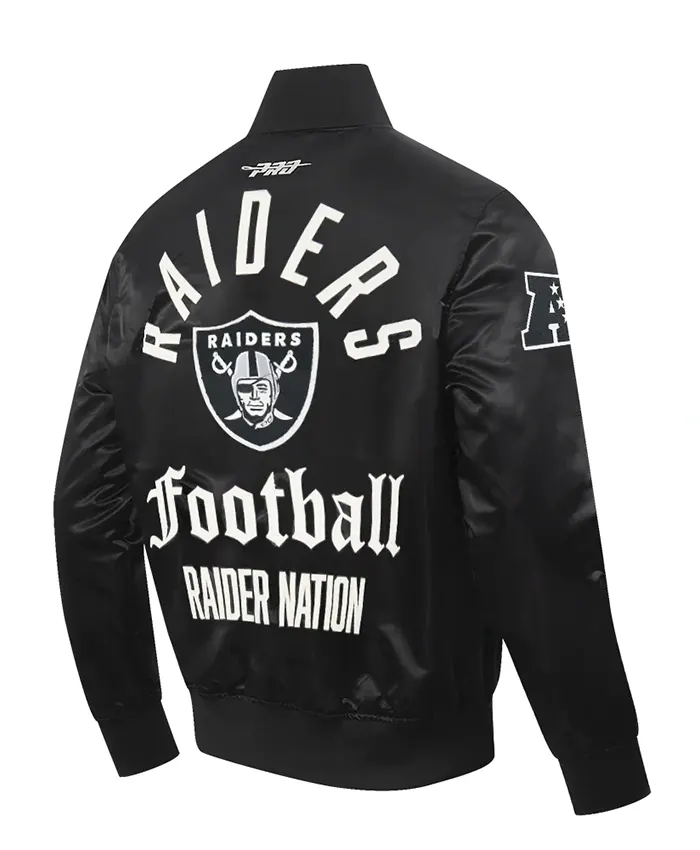 Close view of NFL Las Vegas Raiders Original Pro Standard Black And White Satin Varsity Jacket