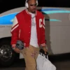 Close view of NFL Minnesota Vikings Justin Jefferson Arrival Red And White Wool Celine Jackson Teddy Jacket