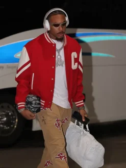 Close view of NFL Minnesota Vikings Justin Jefferson Arrival Red And White Wool Celine Jackson Teddy Jacket