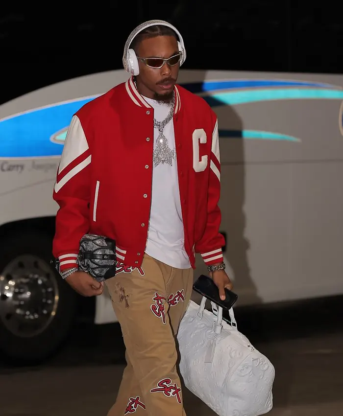 Close view of NFL Minnesota Vikings Justin Jefferson Arrival Red And White Wool Celine Jackson Teddy Jacket