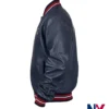 Close view of NFL New England Patriots Navy Blue Leather Bomber Varsity Jacket