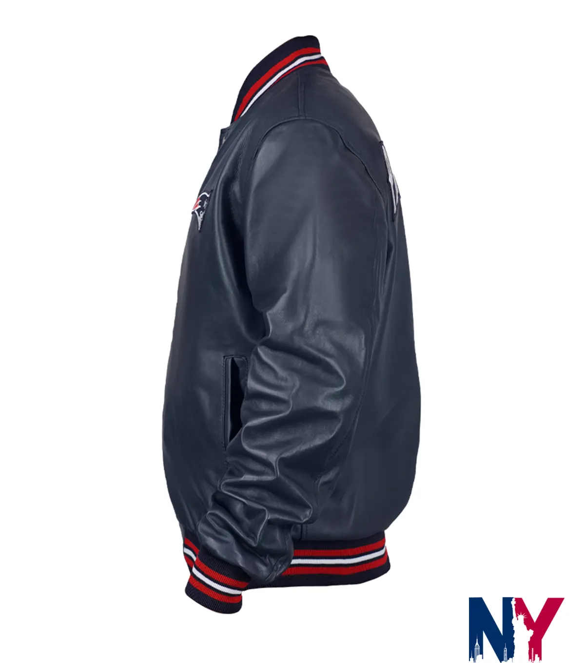 Close view of NFL New England Patriots Navy Blue Leather Bomber Varsity Jacket