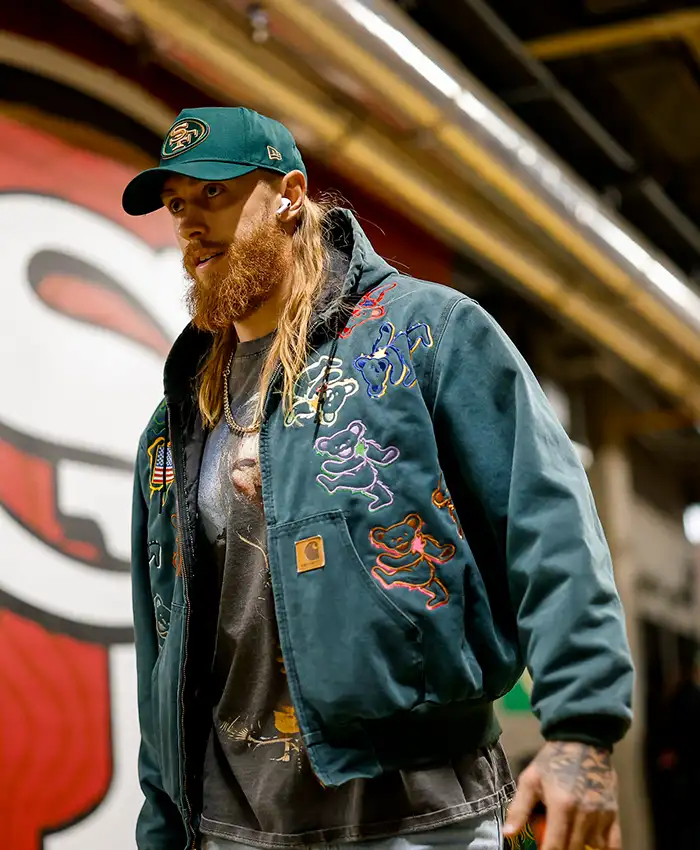 Close view of NFL San Francisco 49ers George Kittle Green Arrival Full-Zip Fleece Hooded Jacket