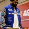 Close view of NFL San Francisco 49ers Trent Williams Louis Vuitton Embroidered Blue And Grey Varsity Jacket