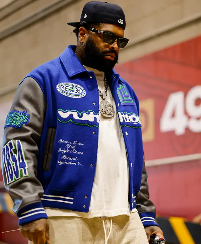 Close view of NFL San Francisco 49ers Trent Williams Louis Vuitton Embroidered Blue And Grey Varsity Jacket