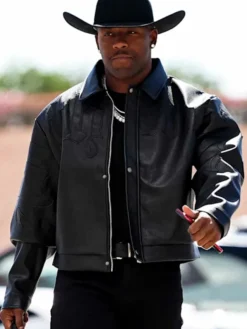 Close view of NFL Team Arizona Cardinals Budda Baker Black Bomber Leather Jacket