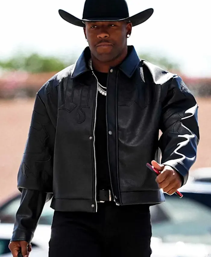 Close view of NFL Team Arizona Cardinals Budda Baker Black Bomber Leather Jacket