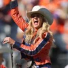 Close view of NFL Team Denver Broncos Ann Judge Passing of the Reins Orange Leather Jacket