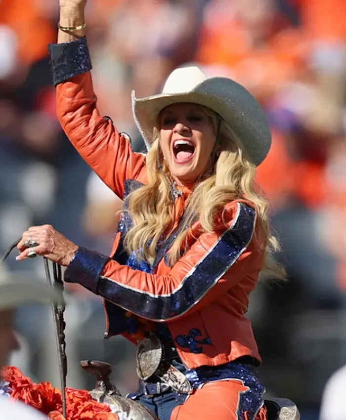 Close view of NFL Team Denver Broncos Ann Judge Passing of the Reins Orange Leather Jacket