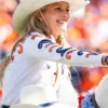 Close view of NFL Team Denver Broncos Passing of the Reins Ann Judge White Leather Jacket