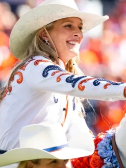 Close view of NFL Team Denver Broncos Passing of the Reins Ann Judge White Leather Jacket