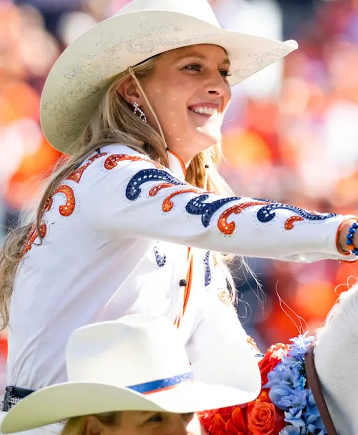 Close view of NFL Team Denver Broncos Passing of the Reins Ann Judge White Leather Jacket