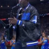 Close view of NFL Team Detroit Lions Mike Phillips Black Satin Varsity Jacket Sale