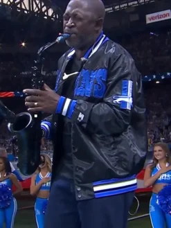 Close view of NFL Team Detroit Lions Mike Phillips Black Satin Varsity Jacket Sale