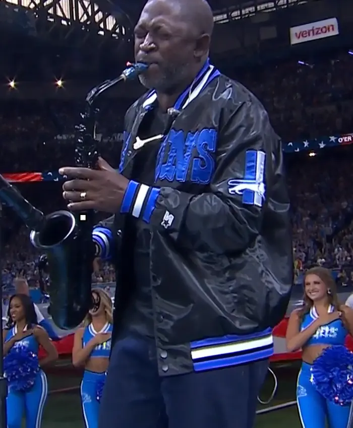 Close view of NFL Team Detroit Lions Mike Phillips Black Satin Varsity Jacket Sale