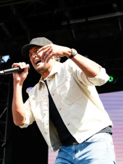 Close view of NFL USAA Salute 250 Kickoff Concert Luke Bryan White Cotton Workwear Jacket
