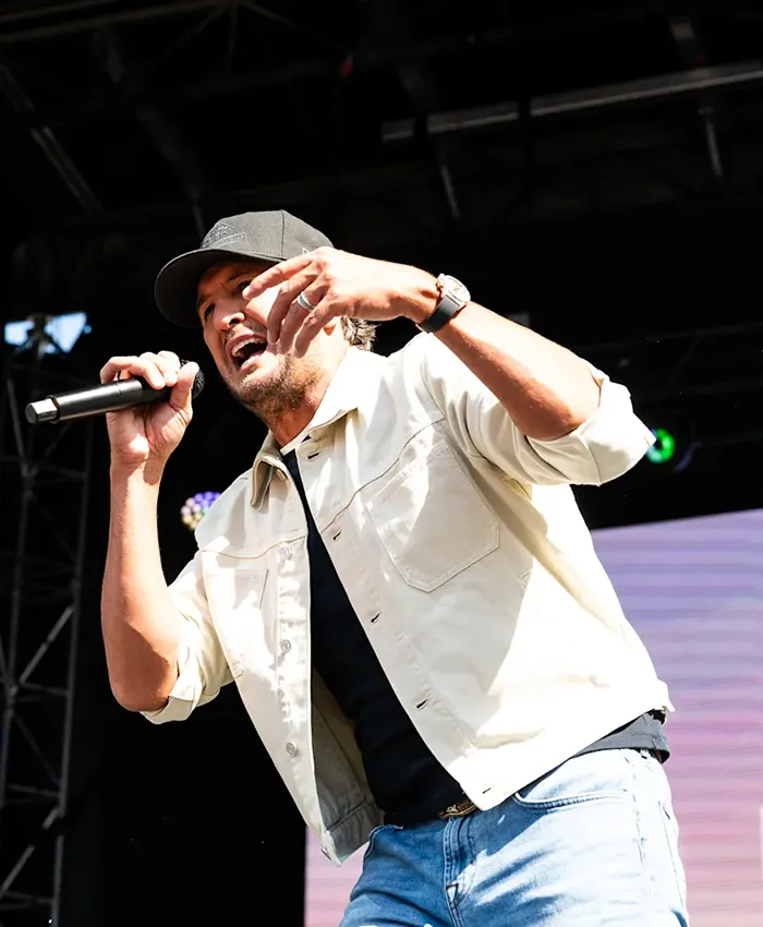Close view of NFL USAA Salute 250 Kickoff Concert Luke Bryan White Cotton Workwear Jacket