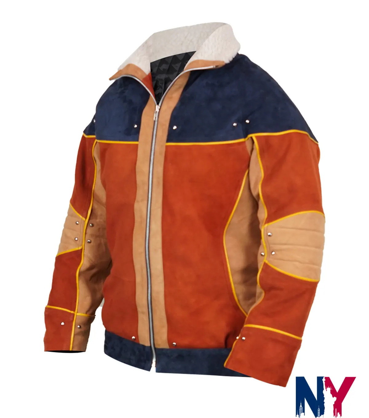 Close view of Naruto Live Stage Spectacle Orange And Blue Suede Leather Bomber Jacket