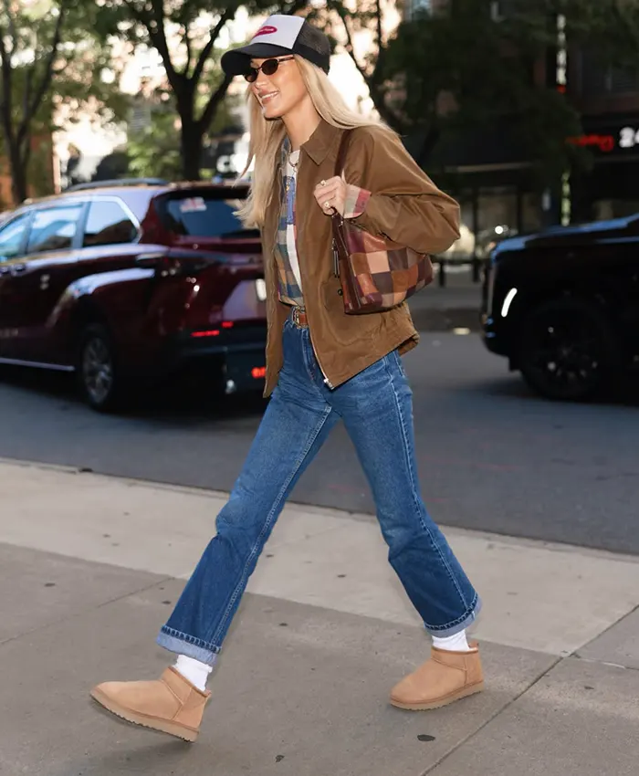Close view of New York City Bella Hadid Coach Brown Suede Leather Jacket